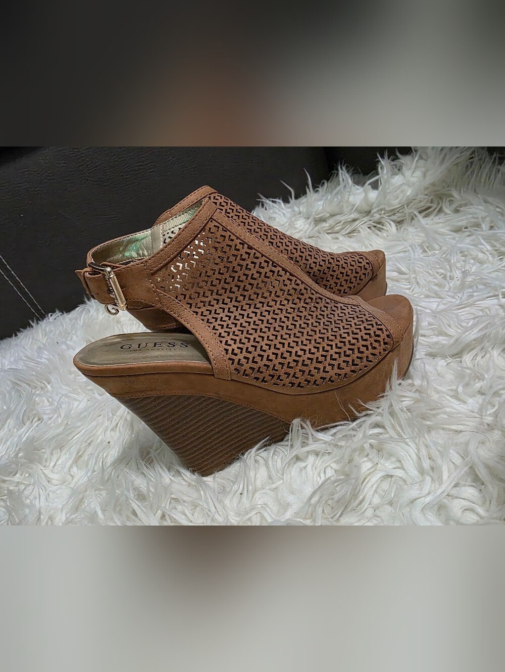 GUESS Tan Perforated Peep-Toe Wedge Sandals